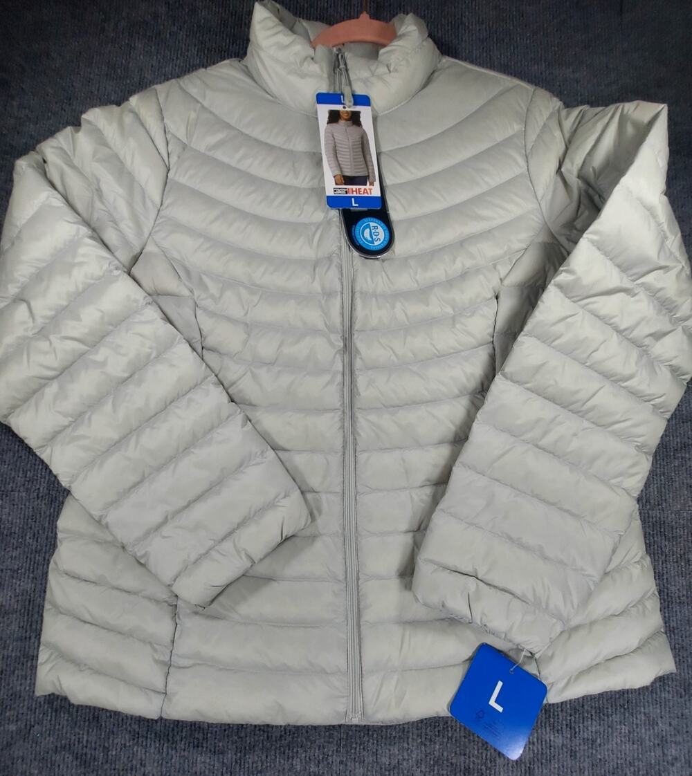 32 Degrees Heat Womens Ultra Light Down Packable Puffer Jacket Soft Gray NWT L